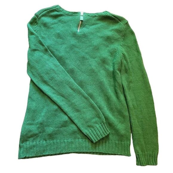 Talbots Sweater Women's Medium Green Pom Pom Zip Back Cotton Knit Crew - Picture 2 of 4